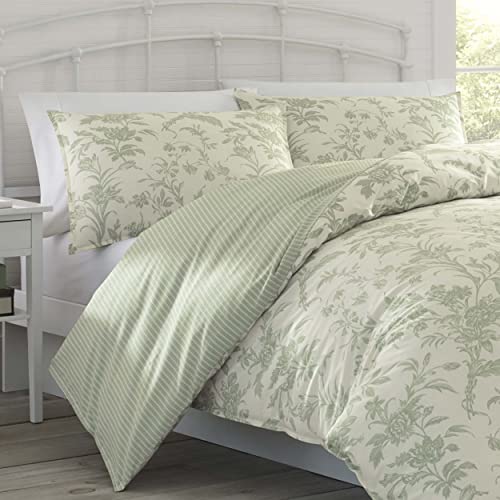 Image of Laura Ashley - Queen Duvet Cover Set, Soft Bedding with Matching Shams, Reversible Floral Room Decor, College Dorm Room Essentials (Natalie Sage Green)