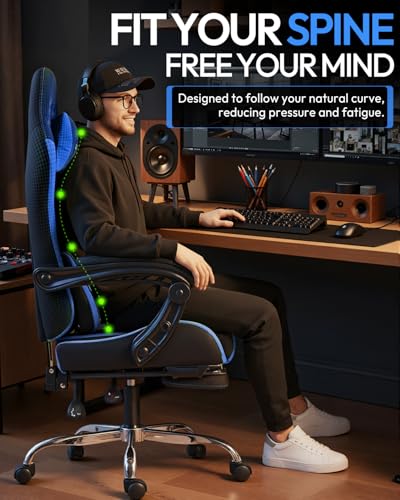 Image of Dowinx Ergonomic Gaming Chair with Footrest & Massage Lumbar, 2D-Linkage Armrests for Computer Chair 330lbs with Headrest Pillow for Office, Home, Streaming and Long Gaming Sessions, Blue