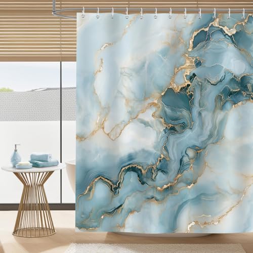 Dazzlewall Cortina de Ducha Mármol Verde Aqua, Textura Abstracta Moderna Impermeable 180x180cm, Antimoho Tela con 12 Ganchos