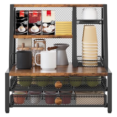 TQVAI Coffee Bar Organizer, Maximize Small Countertop Space, 70 Standard Capsules Capacity with Sliding Pods Drawer, 4-Tier Coffee Station Organizer for Home Kitchen Office Commercial