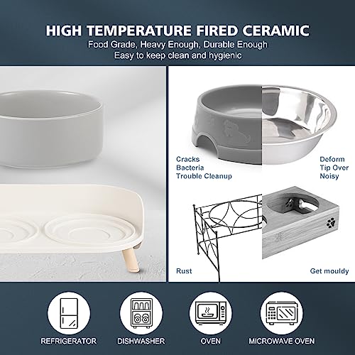Image of Cat Food Water Bowl Set - Raised Cat Bowls with Non Slip Stand - Elevated Puppy Bowls for Small Dogs - Double Ceramic Cat Feeding Bowls with Splash Proof Guard - Tall Cat Dishes - 2 x 480 ML - 16.2 OZ