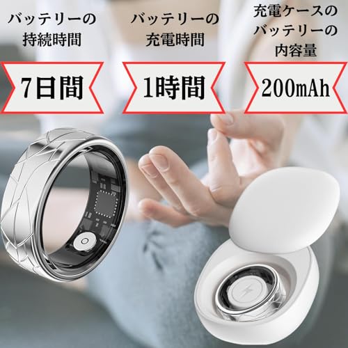 スマートリング 健康管理 睡眠 歩数 心拍 Android/iPhone対応 防水男女兼用 専用充電ケース付き クリスマスプレゼント クリスマス プレゼント ニューイヤー プレゼント Christmas present New year's present (銀 silver シルバー日本サイズ20号、アメリカ10号 直径 19.9 mm 円周 62.1 mm)