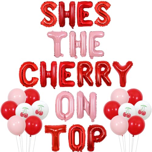 Wonmelody Cherry Birthday Decorations She's The Cherry On Top Balloon Banner Cherry on Top Party Decor Cherry Pattern Balloons Fruit Themed Party Decor for Cherry Bachelorette Engagement Party