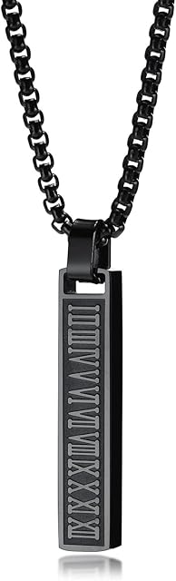 TempBeau Necklace Men 3D Bar Pendant Layer Pearl Necklace Black Silver Grey Stainless Steel Roman Number Pendant with 60cm Box Chain for Men Boy Friend Father Son