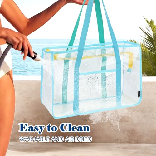 Image of Fammart Clear Beach Bag for Women, Large Pool Tote Cruise Vacation Essentials - Zipper Closure, Waterproof, Sandproof