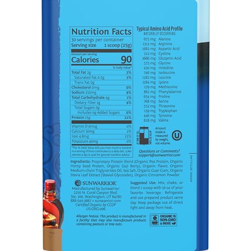 Image of Sunwarrior Organic Plant Based Protein Powder | Vegan Organic Protein Powder Maple Flavored with BCAA Amino Acids & Hemp Seed Pea Blend | Non-GMO Soy Dairy Filler & Gluten Free (Maple, 30 Servings)