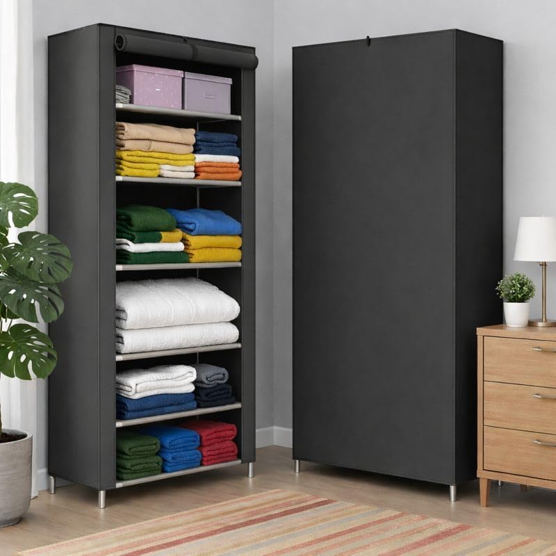 Bagnizer Collapsible Wardrobe Printed Cover 6 Shelves Storage Clothes Storage Rack -Great Kitchen Storage QuickWardrobe Or