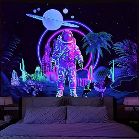 Amonercvita Blacklight Astronaut Tapestry UV Reactive Planet Tapestry Trippy Cactus Tapestry Galaxy Stars Tapestry Space Tapestry Neon Palm Tree Wall Hanging for Room Cover