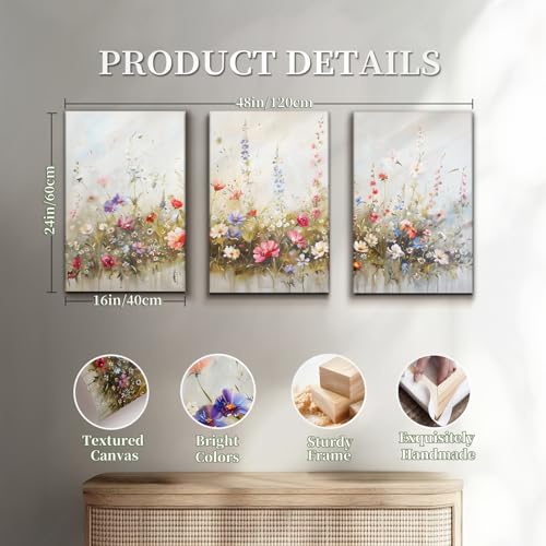 SERIMINO Large Wall Art for Living Room Canvas Prints, Nature Floral Botanical Wall Art Set 3 Piece Farmhouse Decor, Misty Flowers Modern Home Decor Paintings for Bedroom Bathroom 16"X24"