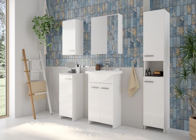 Deftrans Domodomo Armario de baño con lavabo, 85 x 45 x 26 cm, armario de cerámica blanco, armario de pie para baño pequeño (juego de grifo de lavabo + sifón)