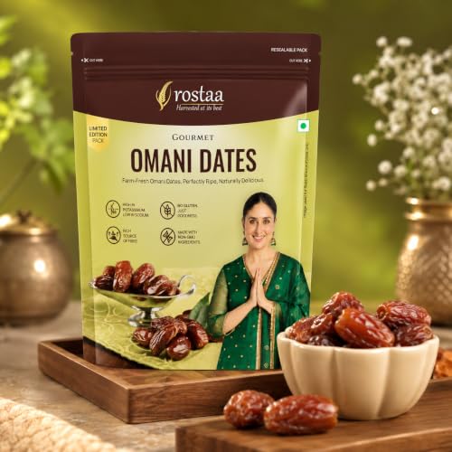 Image of Rostaa Gourmet Omani Dates /Khajur, 680g | Premium Quality Date, Rich in Fibre, Naturally Sweet, Healthy Snack, Low Fat & 100% Natural (680 GM (Pack of 2), Omni Dates)