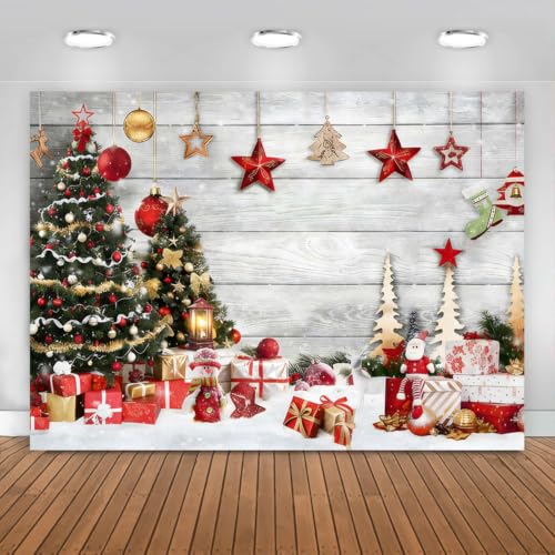 Décoration sapin de Noël avec rideau de fond photographique neige et cadeaux 2.7m