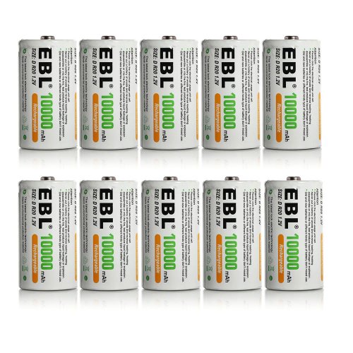 EBL 10 Pack D Size D Cell 10,000mah High Capacity High Rate NiMH Rechargeable Batteries