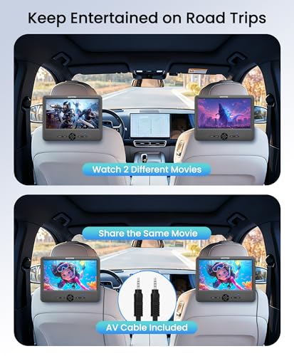 Image of WONNIE 10 inch Car DVD Players, Portable DVD Player Dual Screen Play Two Different or The Same Movie with Headrest Mounts, 5 Hours Rechargeable Battery, 2 AC Adapters, All Regions, Support USB /SD /Sync TV