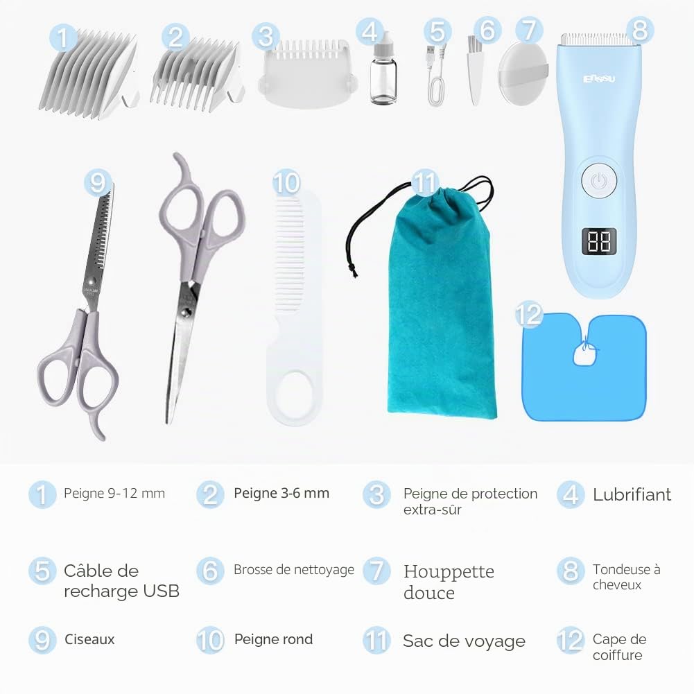 Professionnelle Tondeuse à Cheveux Bébé Sans Fil Rechargeable Étanche avec Écran LCD