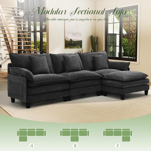 Image of Modular Sectional Sofa, Comfy Cloud Couch with Movable Ottoman, Deep Seat Couches for Living Room, Bedroom and Apartment, 106 inch L Shaped Modern Sofa with Pillows, Black