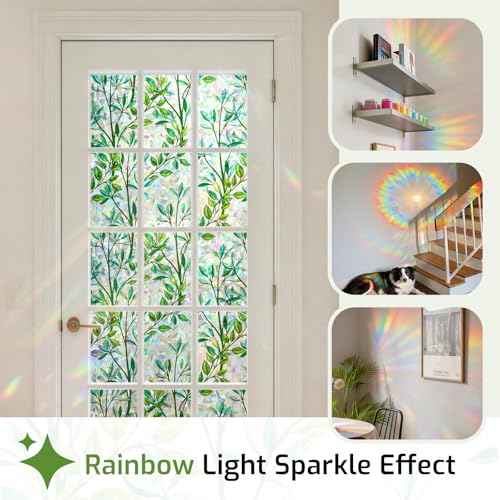 Image of LUTE Stained Glass Window Privacy Film, Leaf Rainbow, 23.6 inch X 78.7 inch | No Glue No Residue, Static Cling Removable Renter Friendly, UV Blocking, for Home Decor Glass Door