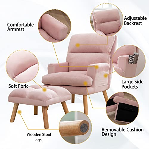 Canmov Modern Accent Chair With Ottoman, Soft Fabric Armchair With Adjustable Backrest And Side Pockets, Comfy Lounge Chair For Living Room, Bedroom, Apartment, Office, Pink #TOP3