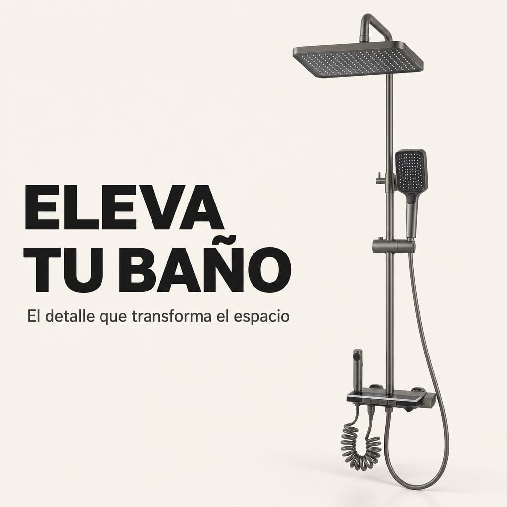 Ducha Termostática con Lluvia, Ducha de Mano, Aspersor Bidé y Control Digital de Temperatura – Columna de Ducha Multifunción Antracita con Tecnología Jet Air, Altura Regulable y Cambio de Función