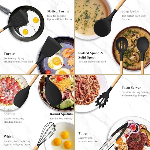 HaWare Silicone Cooking Utensils Set, 10-Piece Chef Kitchen Non-Stick Cookware with Wooden Handle, 450°F Heat Resistant - Black - Thumbnail 4