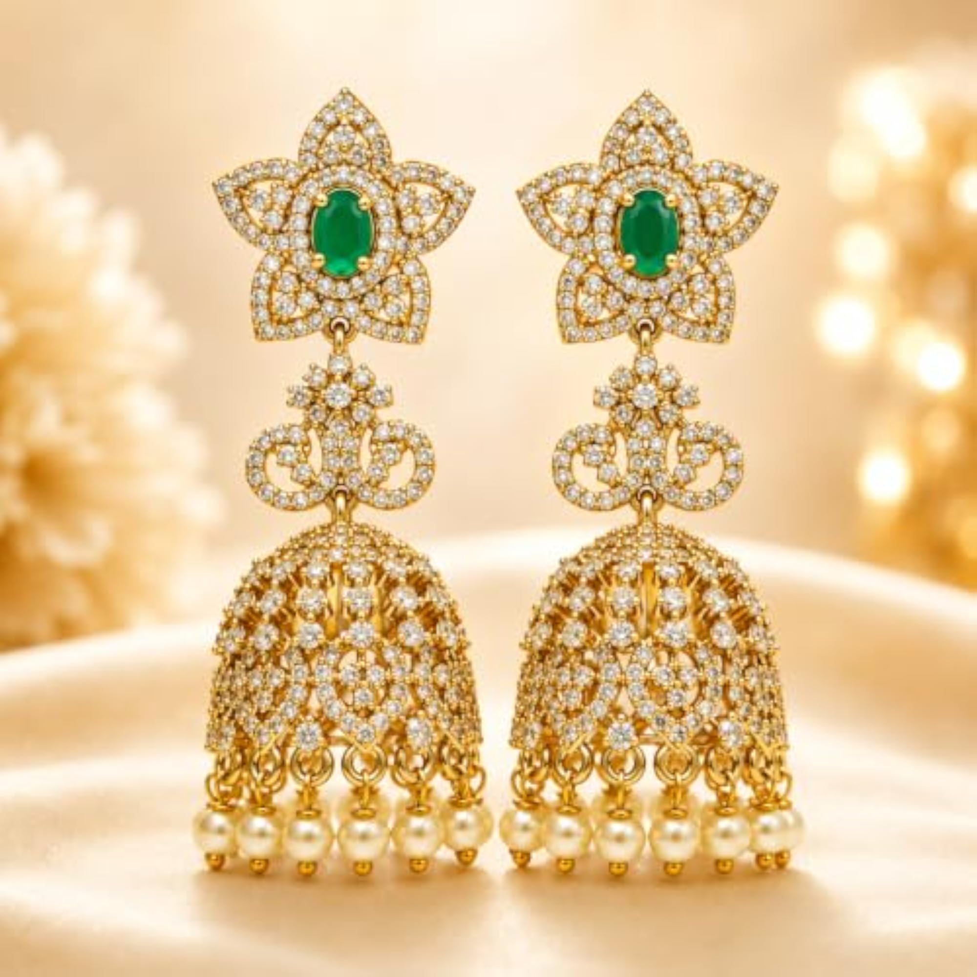 Women's Gold Plated Green Stone Pearl Jhumki Earrings