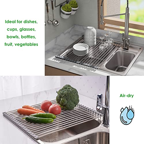Tomorotec Roll Up Dish Drying Rack Over The Sink Grey Large Dish Drying Rack Rolling Foldable Collapsible Sus304 Stainless Steel Multipurpose Dish Drainer For Kitchen Counter (17.8”X15.7”) #TOP2