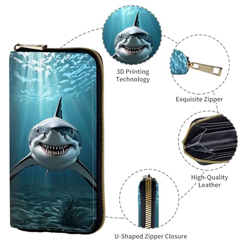 Women's Wallets,PU Leather Wristlet Wallet for Women,Card Holder Organizer Ladies Clutch with Zipper & Phone Holder-Shark4