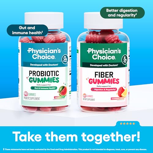 Image of Physician's CHOICE Probiotic Gummies with Vitamin D & Prebiotic Fiber - Sugar Free - 1B CFUs of Clinically Studied Probiotic - Supports Immune & Gut Health for Women & Men - Watermelon Flavor - 60CT