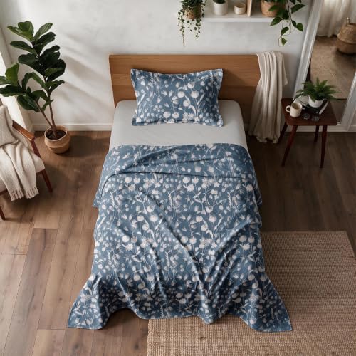 Image of Linen Home Cotton Percale Flat Bedsheet Set Double Size Blossomy Blue