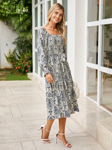 Image of Simplee Womens Long Sleeve Maxi Dress Casual Square Neck Smocked Flowy Fall Wedding Guest Dresses