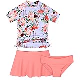 Cadocado Kid Girls 3 Piece Rash Guard Flamingo Print Swimsuit with Swim Skirt Floral Beachwear,Flamingo,4 Years
