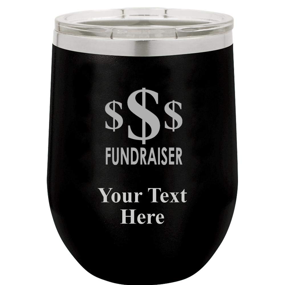 Fundraiser Giveaways - 12oz Black Stainless Steel Hot/Cold Travel Wine Tumbler with Clear Lid - Great Customizable Gift And BPA Free Prime