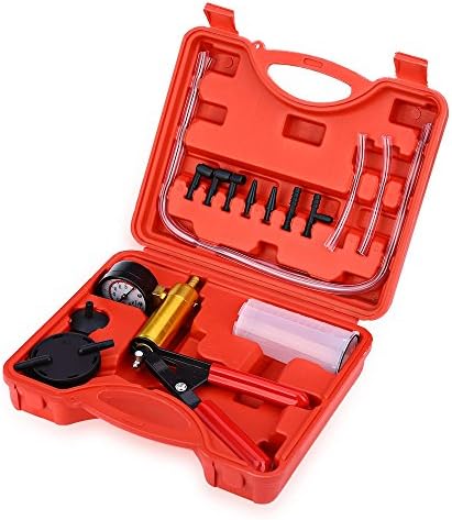 2 in 1 Brake Bleeder Kit Hand held Vacuum Pump Test Set,for Automotive with Sponge Protected Case,Adapters,One-Man Brake and Clutch Bleeding System,Vacuum Gauge and Brake Bleeder Kit (Red Case)