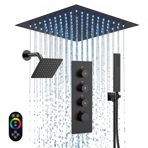 Set de grifería con cabezal de ducha de lluvia doble de 12" con rociador de mano, sistema de ducha con montaje en techo y luz LED, negro mate miniatura 1