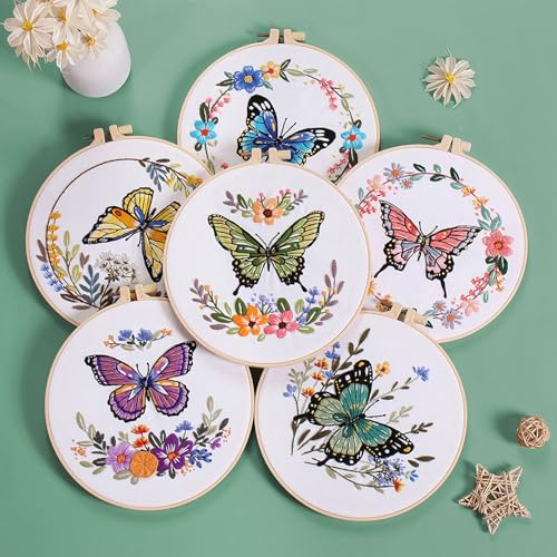 Image of GLTAYLMY 3 Sets Butterfly Embroidery Starter Kit for Beginners Flower Stamped Cross Stitch Kits with Instructions for Beginners Adults Include Embroidery Hoop Threads and Needles