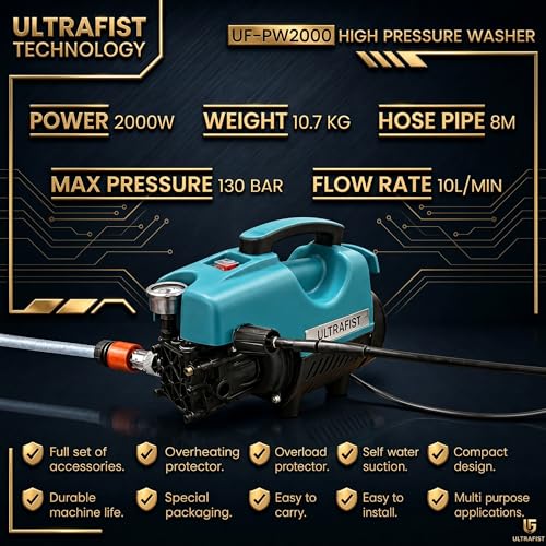 Image of Ultra Fist Silver 2000W High Pressure Washer, 130 Bar for Car, Bike, Home | 10l /min Flow