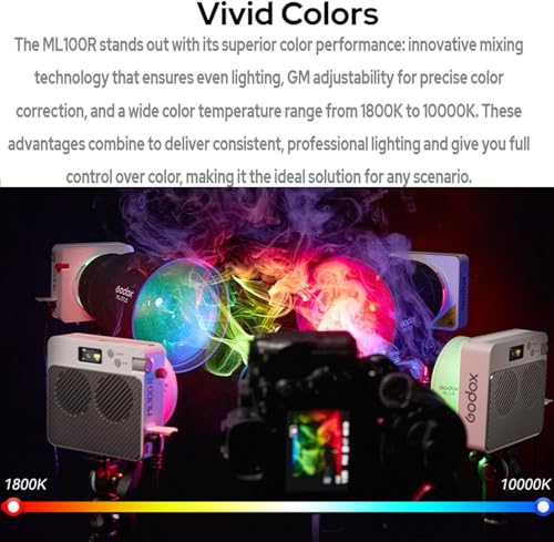 Image of Godox ML100R ML100 R Full Color RGB LED Video Light,Bluetooth Control,1800K-10000K CCT,High 95 CRI /TLCI,14 FX,110W Input Power,Compact & Lightweight for Professional Filmmaking,Vlogging,Photography