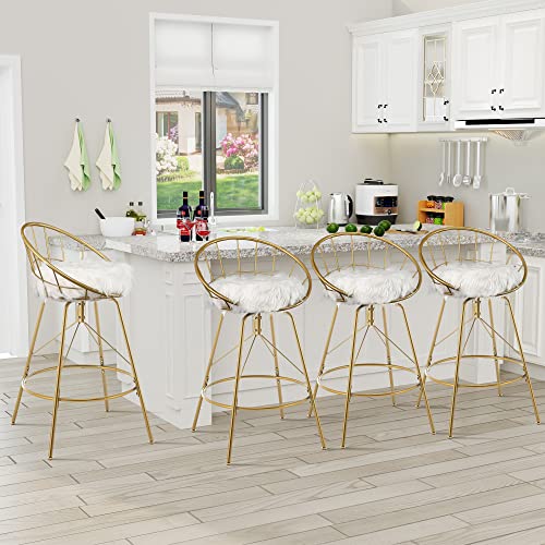 Aklaus Swivel Metal Bar Stools Set Of 2 Bar Height Stools Gold Barstools With Back Upholstered Swivel Bar Stool Bar Chairs Counter Stools Set Of 2 With Removable White Faux Fur 30 Inch #TOP2