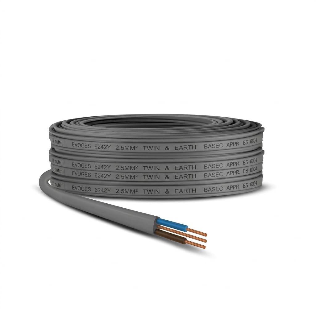 Evoges 6242Y 2.5mm² Twin and Earth Cable – Grey PVC Sheathed Flat Fixed Wiring Electrical House Cable – BASEC Approved BS 6004, Brown/Blue Cores with 1.5mm Earth, 2.5sqmm – Various Lengths (50 m)