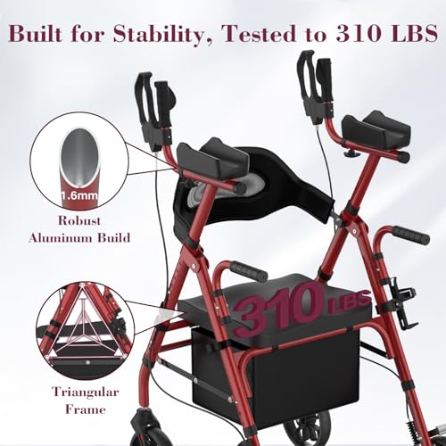 Image of Upright Rollator Walker, Heavy Duty Stand Up Walkers for Seniors with Seat and Reversible Backrest, Foldable Standing Rollator with 8 inch Anti-Slip PU Wheels, Red