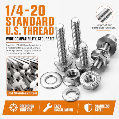 Image of mankk 260PCS Flange Head Bolts Assortment Kit 1 /4-20 x (1 /2 inch,5 /8 inch,3 /4 inch,1 inch,1-1 /4 inch) 304 Stainless Steel SAE Flange Hexagon Screws and Serrated Flange Nuts Kit
