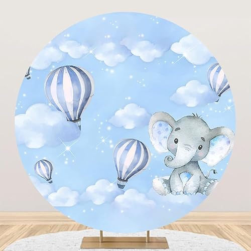 Telón de fondo redondo de elefante para bebé, 3 pies, dibujos animados, cielo azul, nubes blancas, estrellas centelleantes, globo aerostático, fondo