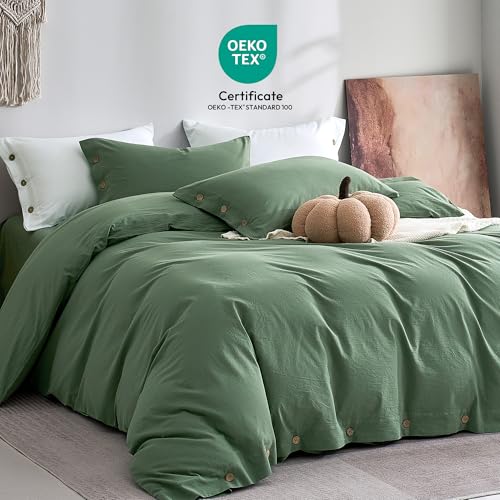 Image of JELLYMONI 100% Washed Cotton Duvet Cover King - Soft, Breathable Linen-Look Bedding with Natural Wrinkle Texture, Button Closure, 3-Piece Set (Dusty Green, 104 inchx90 inch)