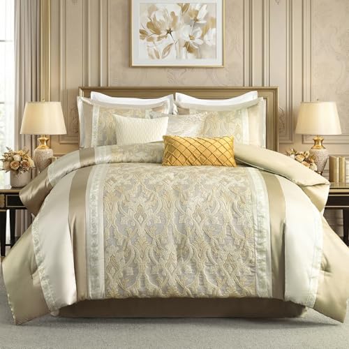 Image of CozyDH Comforter Set California King, Champagne Gold Beige - Luxury 7 Piece Bed in a Bag Jacquard Damask Vintage Floral, All Season Down Alternative Bedding with Skirt, Shams, Decor Pillows, 104x96 in
