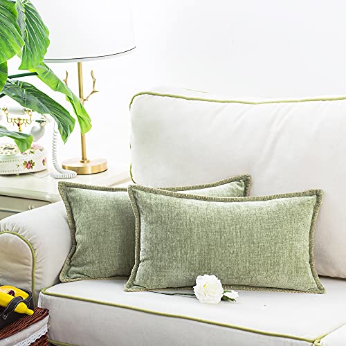 CaliTime Throw Pillow Cases Pack of 2 Cotton Thread Stitching Edges Solid Dyed Soft Chenille Cushion Covers for Couch Sofa Home Farmhouse Decoration 30cm x 50cm Sage - Image 4