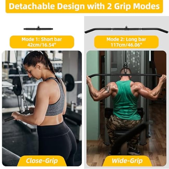 46 Lat Pulldown Attachments Bar For Cable Machine,2 in 1 Wide Grip Rotating Bar For Homr Gym Pulley System,Tricep Press Down Straight Bar With Foam Handle (Black, 46)