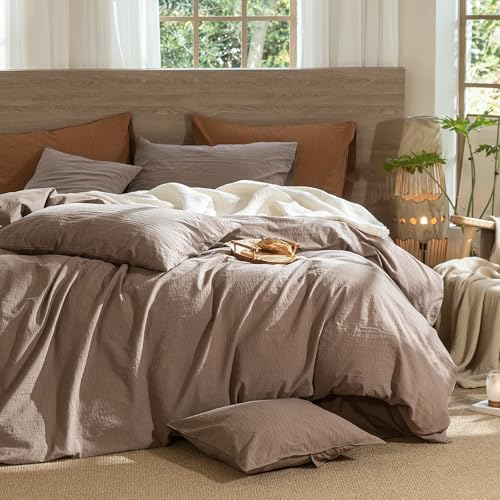 Image of MooMee Wavy Striped Duvet Cover Set 100% Washed Cotton Linen Like Textured Breathable Durable Soft Comfy (Brown, Alaska King 132 inchx120 inch)