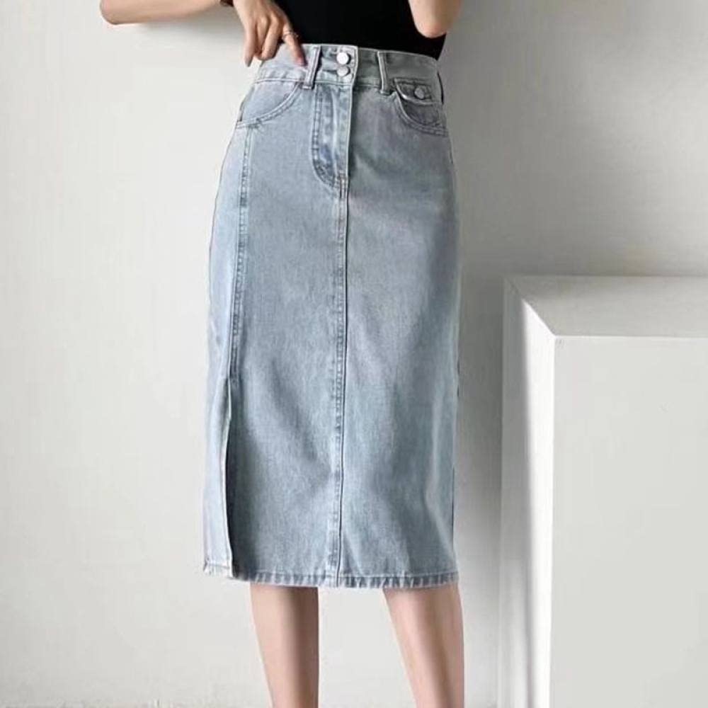 Röcke,Damen-Midirock Blau High Waist Slit Pack Hip Denim Rock Mode Knopf Reißverschluss Mit Tasche A-Linie Lässig Knielang Lange Röcke Für Mädchen Damen,S