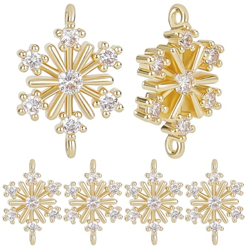 Beebeecraft Snowflake Charms Real 18K Gold Plated Brass Cubic Zirconia Christmas Snow Connector for DIY Bracelet Jewelry Making