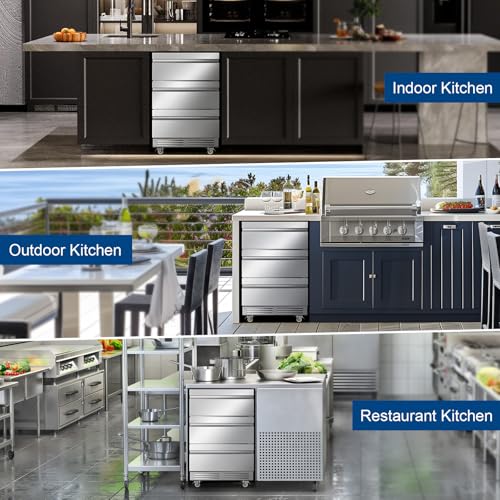 Image of Stainless Steel 3-Tier Drawer Fridge Undercounter, Outdoor Beverage Refrigerator with Wheels, Waterproof Design and Temperature Control for Home and Commercial Use